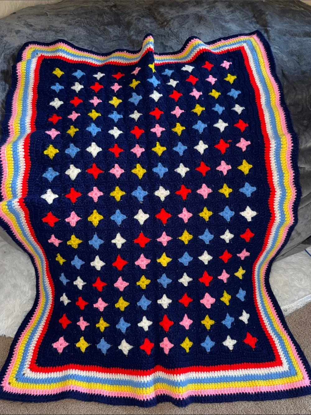 Hand Crafted Navy Multicolor Star Crochet Throw lap‎ Blanket